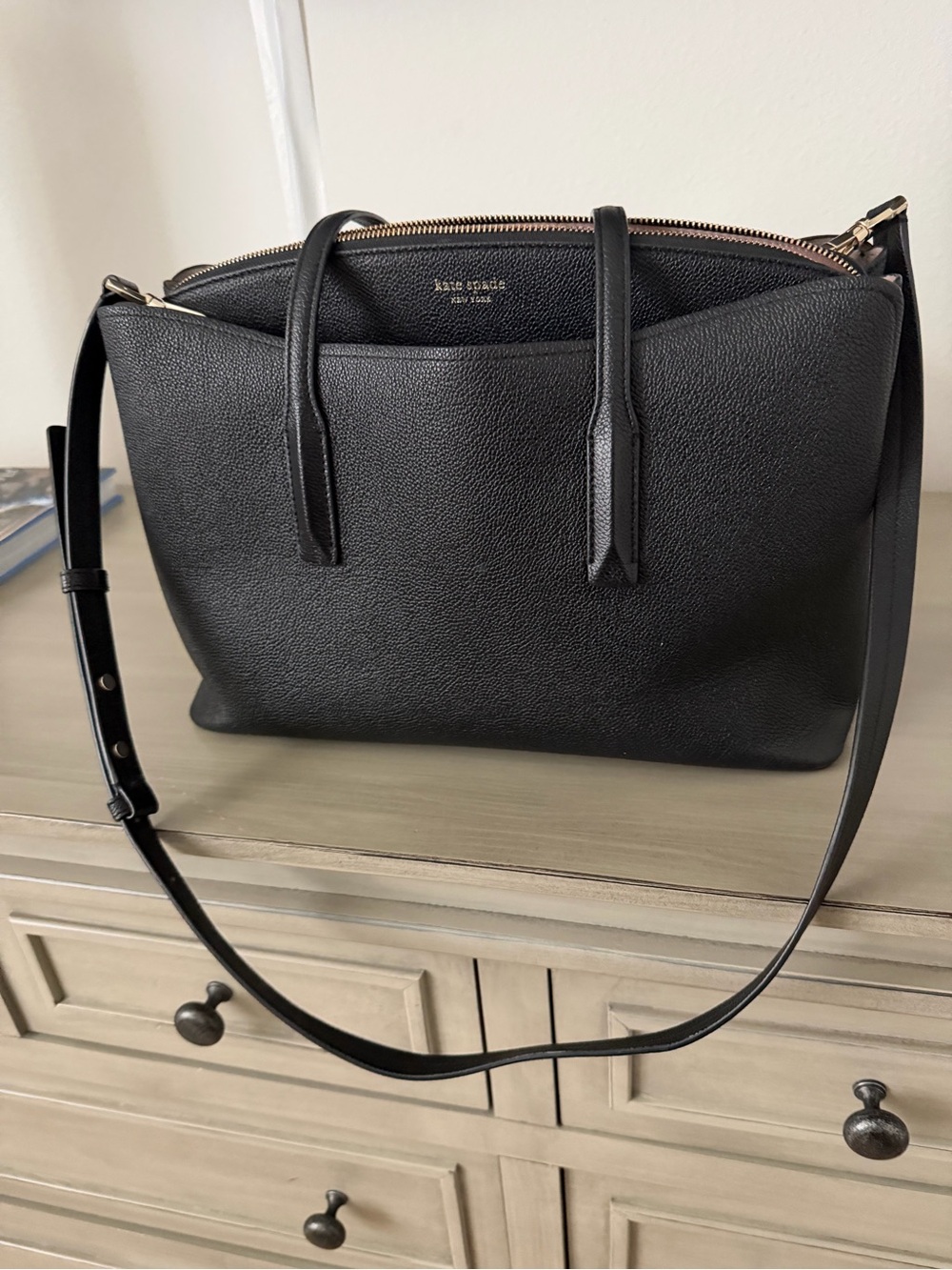 kate spade Black Pebbled Leather Tote Shoulder Bag with Gold Trim